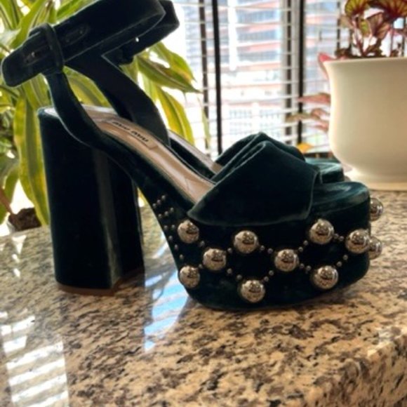 $995 MIU MIU PRADA JEWEL TONE STUDDED PLATFORM MARY JANE HEELS 38 8 - Picture 3 of 12
